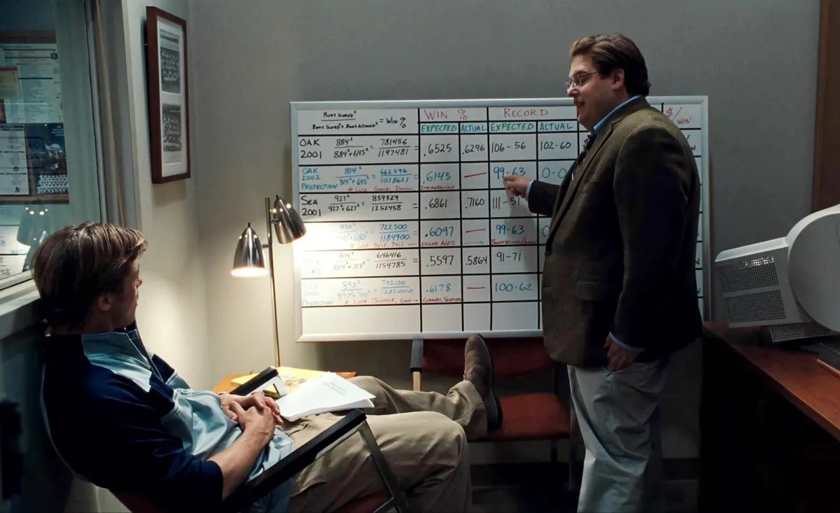 A data-driven baseball strategy meeting in Moneyball